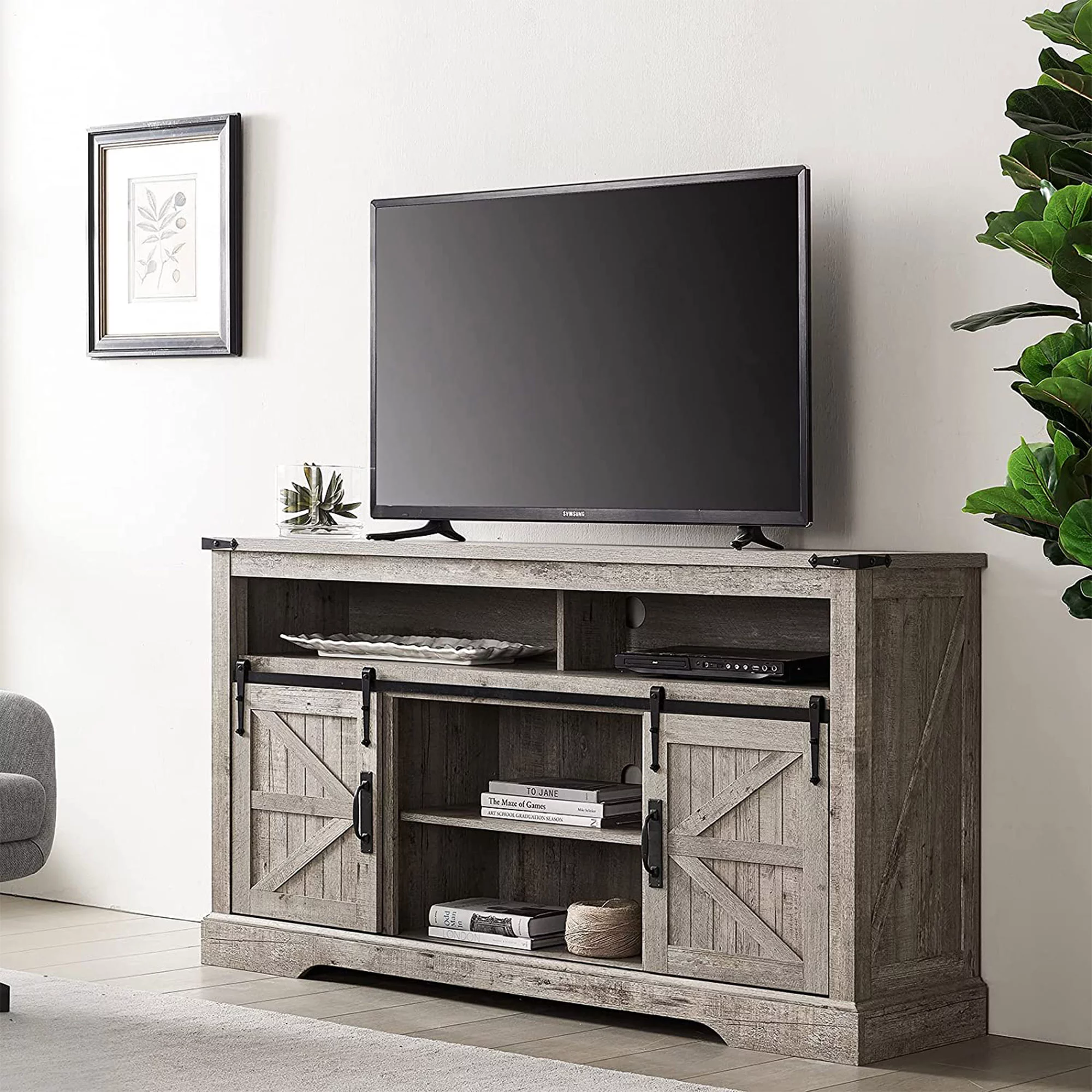 OKD 60-Inch Sliding Barn Door Wooden Farmhouse Highboy TV Stand, Light Oak