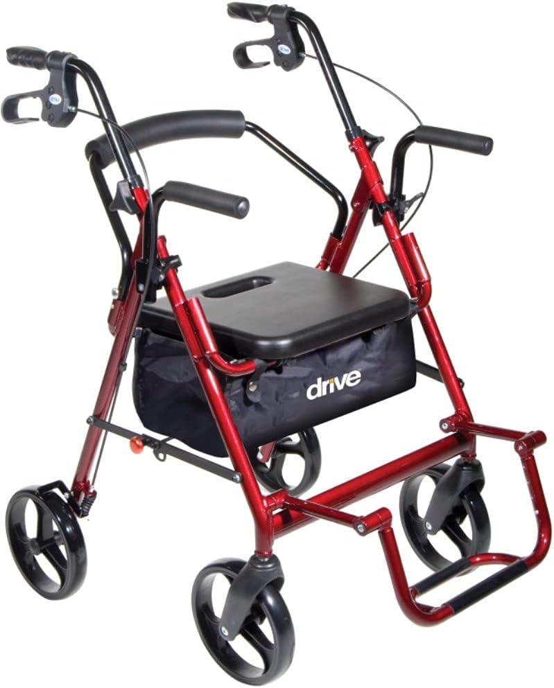 Drive Medical 795BU Duet Dual Function Transport Wheelchair Rollator Rolling Walker, Burgundy, Comfortable Padded Seat, Carry Pouch for Added Privacy and Security of Personal Items