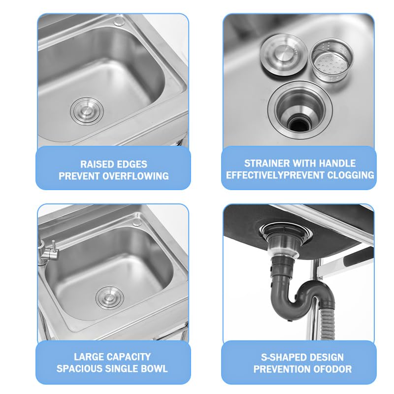 Stainless Steel Utility Sink - Single Bowl, Free Standing, Indoor/Outdoor, 21.7" with Cold & Hot Water Faucet