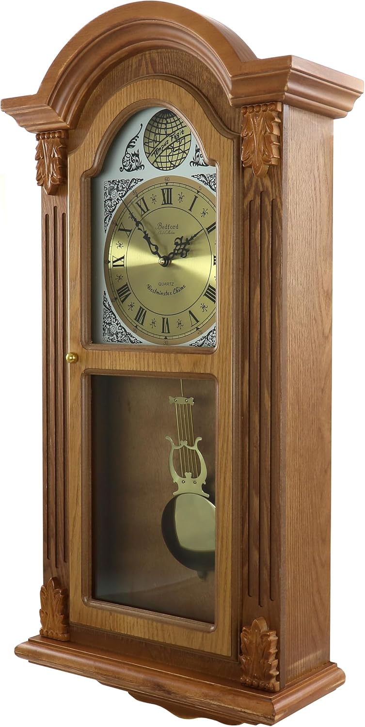 Bedford Clock Collection Honey Oak Chiming Pendulum Wall Clock