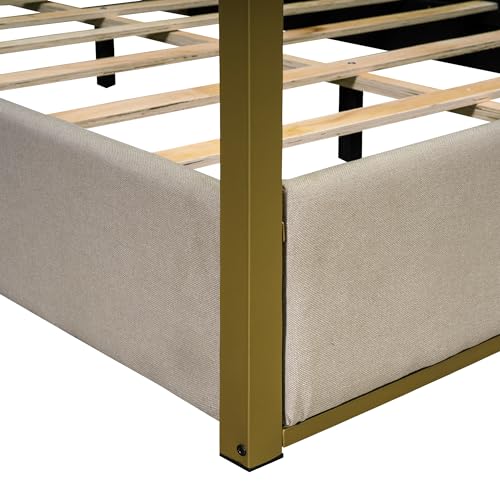 SOFTSEA Upholstery Canopy Platform Bed with Headboard and Metal Frame, Queen Size 4-Poster Canopy Floor Bed Frame for Kids Teens Bedroom, No Box Spring Needed, Beige