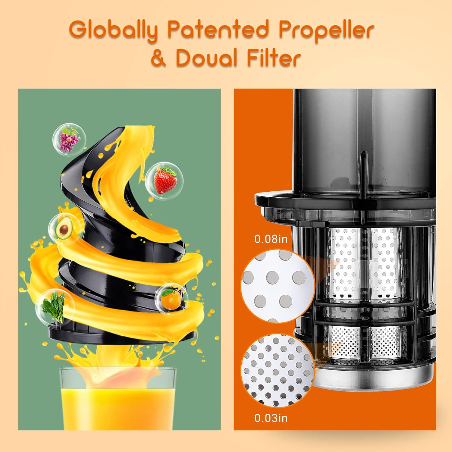 Cold Press Juicer Machines- Compact Slow Masticating Juicer,Up to 92% Juice Yield 3.1" Wide Chute for High Nutrient Fruits Vegetables Easy Clean with Brush Pulp Measuring Cup Reverse
