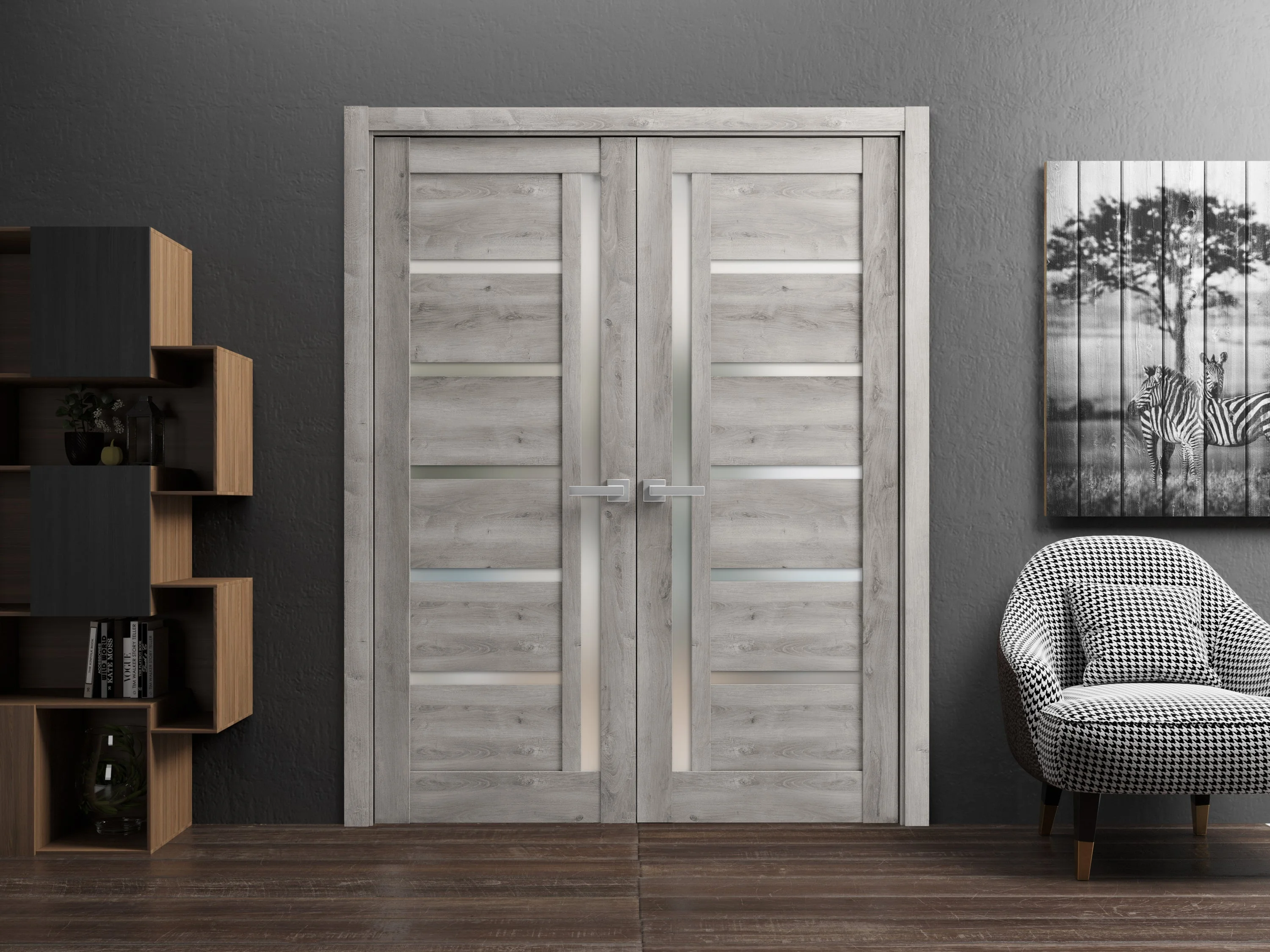 Solid French Double Doors 48 x 80 inches | Quadro 4088 Nebraska Grey with Frosted Glass | Wood Solid Panel Frame Trims | Closet Bedroom Sturdy Doors