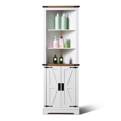 AMERLIFE 68" Tall Corner Cabinet, Farmhouse Corner Cabinet with Barn Door Design,Wall Corner Cabinet with Adjustable Shelves for Bathroom, Living Room,Antique White & Barnwood
