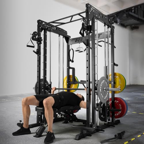 RitFit M1 Smith Machine with Cable Crossover System, Multi-function Squat Rack Power Cage for Home Gym, Power Rack and Packages