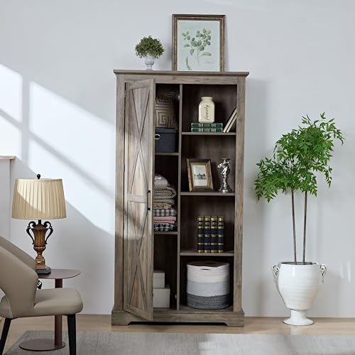 Rustic Farmhouse Tall Storage Cabinet Bookcase with Sliding Barn Door, Adjustable Shelf, Pantry Cupboard Kitchen Organizer Furniture Home Drawer Shelves