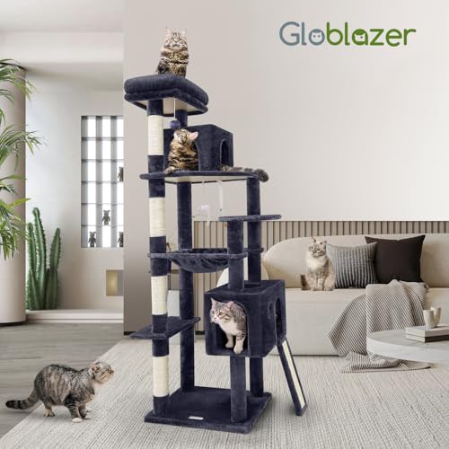 Globlazer Heavy Duty Cat Tree, 70 inch Sturdy Cat Tree for Indoor Cats Extra Large Cat Tower with Scratching Post, Hammock, Cat Condo for Adult Cats Kittens, F70 Pro, Light Grey