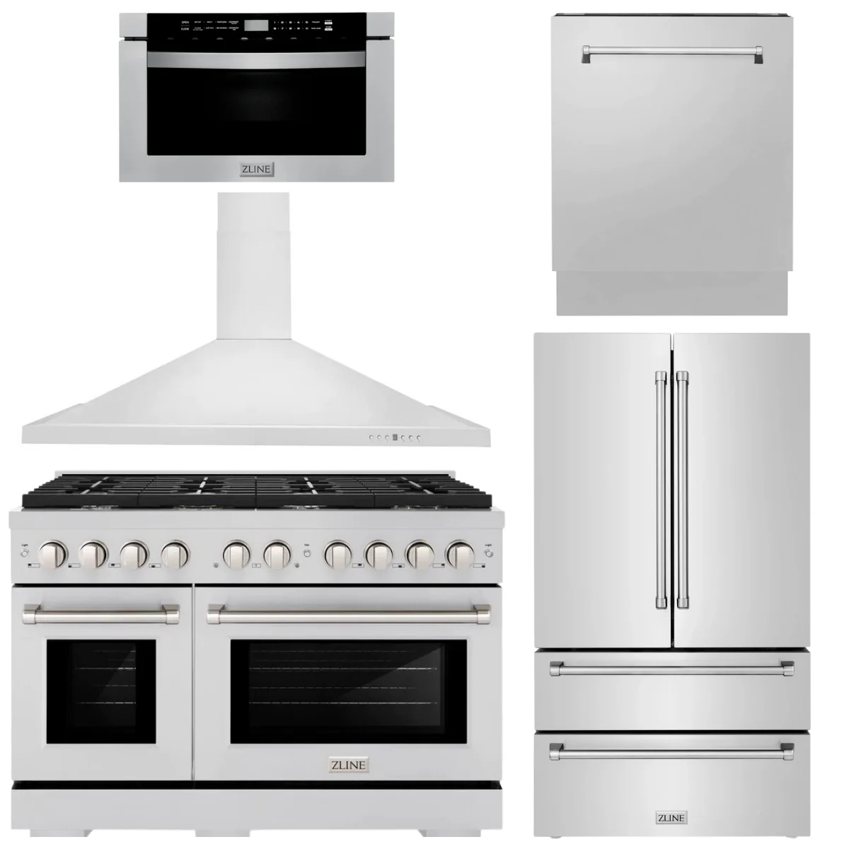 ZLINE Appliance Package - 48 Gas Range, Range Hood, Refrigerator with Ice Maker, Dishwasher and Microwave Drawer, 5KPR-SGRRH48-MWDWV