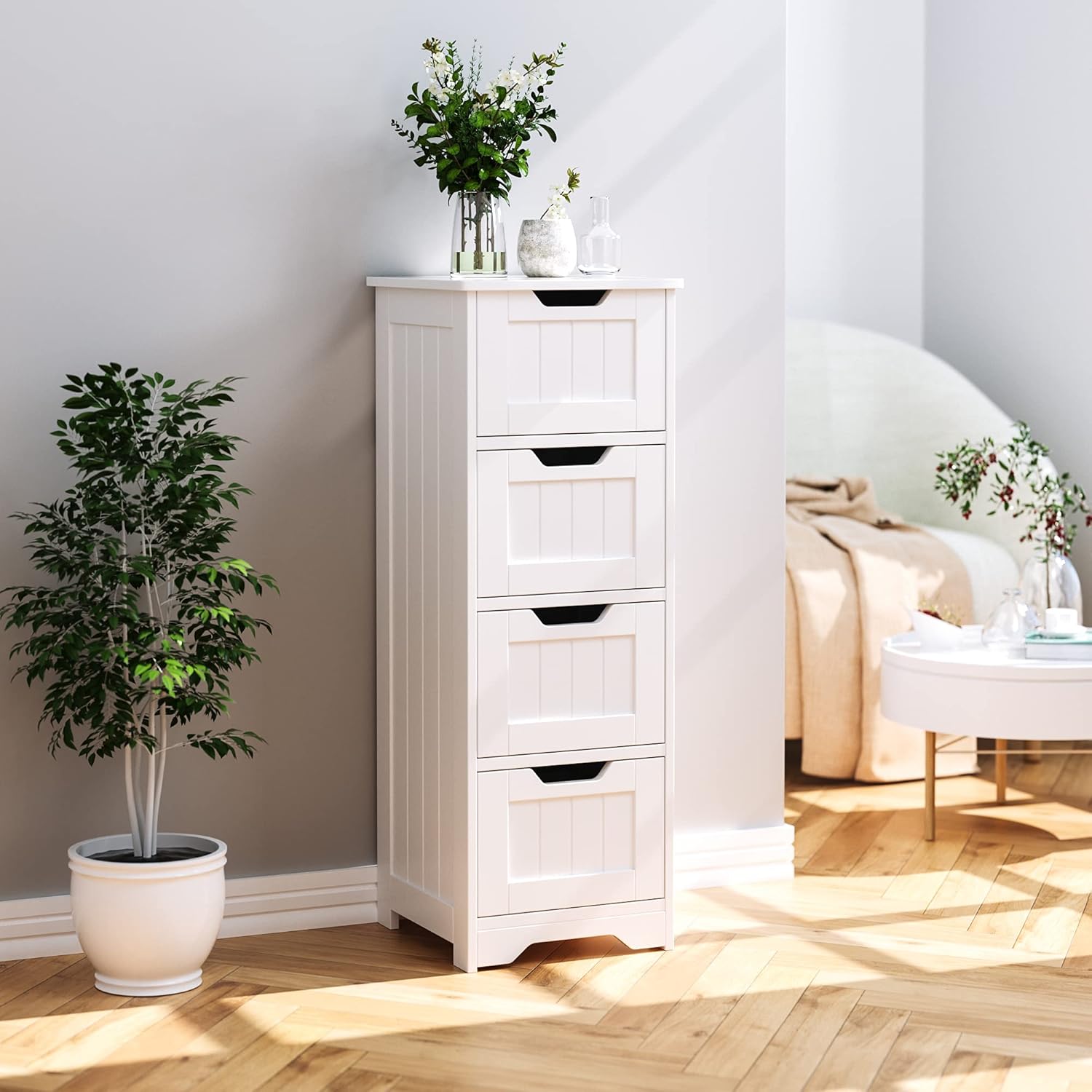 Bathroom Floor Storage Cabinet with 4 Drawers, 11.8 x 11.8 x 32.3 Inch Free Standing Entryway Cupboard Storage Organizer Unit for Home Multipurpose, White