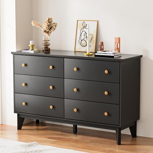 LYNSOM White Dresser for Bedroom, Modern 6 Drawer Double Dresser with Deep Drawers and Gold Knobs, Wood Storage Chest of Drawers for Living Room, Office