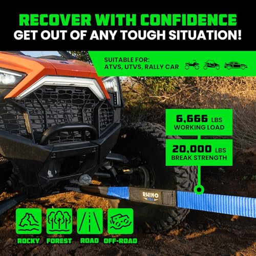 Rhino USA Recovery Tow Strap (3" x 20') - 31,518lb Break Strength - Emergency Recovery Strap Tow Rope for Truck, UTV, ATV & More - Heavy Duty Towing Strap for Offroad 4x4 Use - Compatible with Jeep