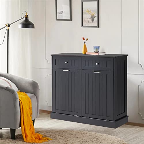 Tilt Out Trash Cabinet, Kitchen Trash Cabinet with Hideaway Drawer, Free Standing Trash Can Holder Cabinet with Storage, Wooden Hidden Trash Can with Bamboo Cutting Board, Dog Proof(White)