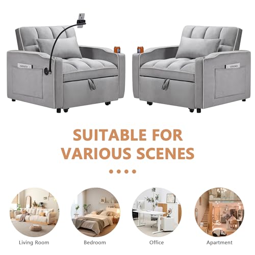 Setawix Convertible Chair Bed Sleeper, Tufted Velvet Pull Out Sleeper Chair with USB Ports & Phone Holder, Adjustable Backrest Armchair with Cup Holder Sofa Chair for Bedroom Living Room, Black