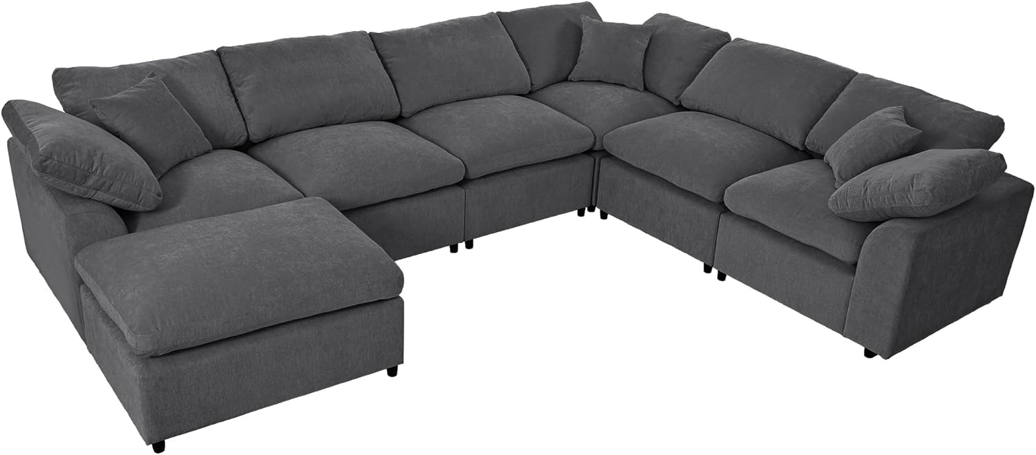 Deep Seat Convertible Modular Sectional Sofa with Movable Ottoman, L/U Shaped Oversized Corner Couch with Throw Pillows,7 Seater Polyester Upholstery Sofa&Couches for Living Room Furniture