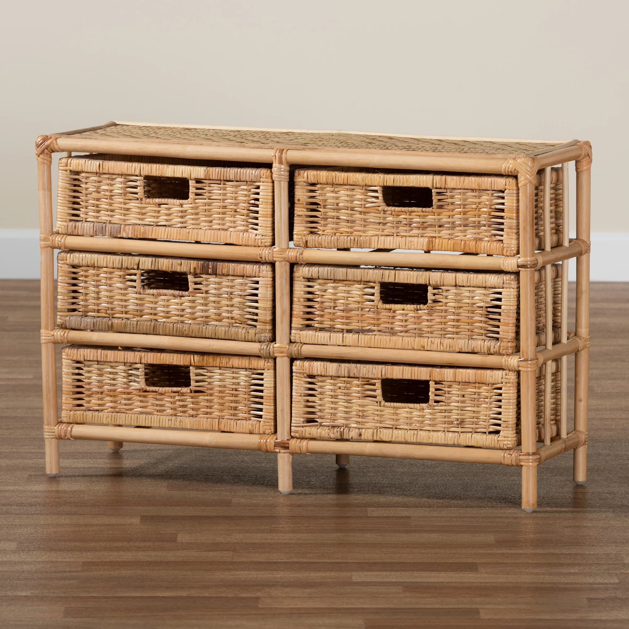 bali & pari Dariana Modern Bohemian Natural Brown Rattan 6-Drawer Storage Cabinet