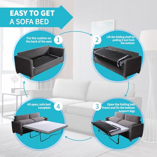 CECER Queen Size Pull Out Sofa Bed, 2-in-1 Design Pull Out Couch Bed with Foldable Mattress, Upholstered Velvet Convertible Sleeper Couch Bed for Living Room, Apartment, Office (Queen, Beige)