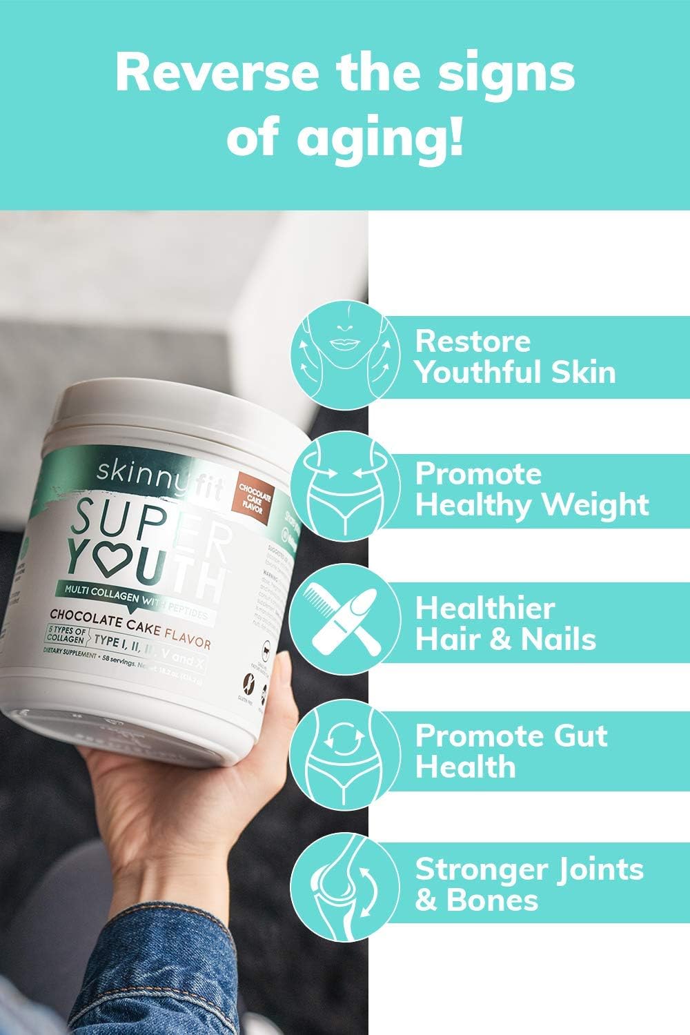 SkinnyFit Super Youth Multi-Collagen Peptide Powder Chocolate Cake Flavor, Hair, Skin, Nail, & Joint Support, 58 Servings