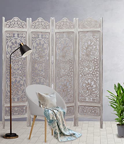 Room Divider Wood Screen - Ghanti Bells Antique Brown - 4 Panel Folding 72 x 80 - Assembled Hand Carved Decorative Functional Versatile Portable Partition Reversible Privacy Boho - COTTON CRAFT