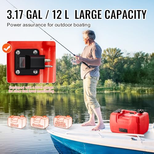 VEVOR Boat Marine Fuel Tank, 12 Gallon/55L, Portable Fuel Gas Tank for Outboard Engine Boats, Plastic Outboard Marine Boat Fuel Tank with Hose, Easy to Carry for Yacht, Fishing Boat, Deck Boat, Red