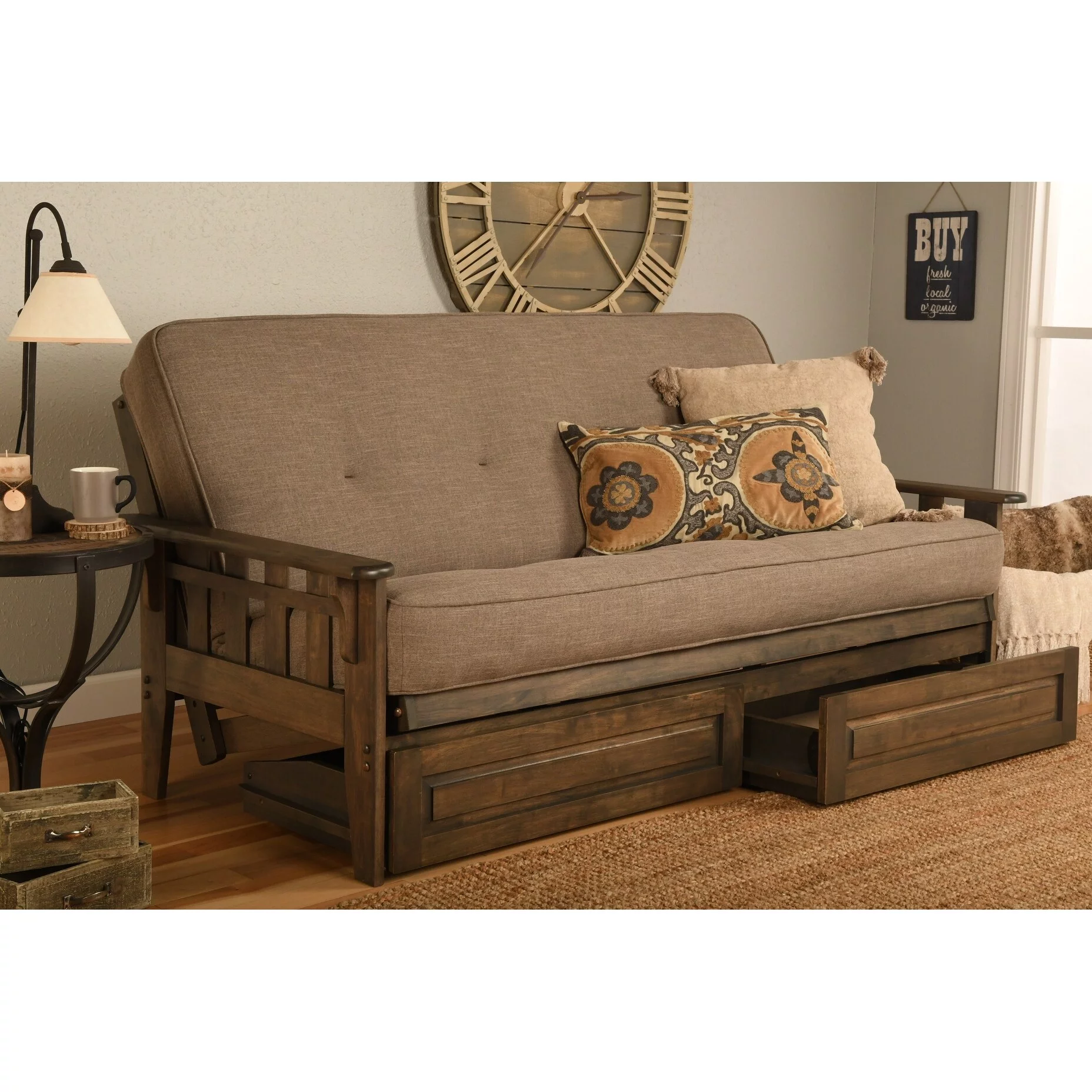 Kodiak Furniture Tucson Wood Futon Frame with Storage in Rustic Walnut Brown