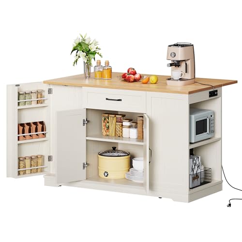 YITAHOME 50" Rolling Kitchen Island with Power Outlet & Drop Leaf, Mobile Storage Islands with Trash Can Cabinet, Microwave Rack Serving Cart on Wheels with Spice Rack, Retro White