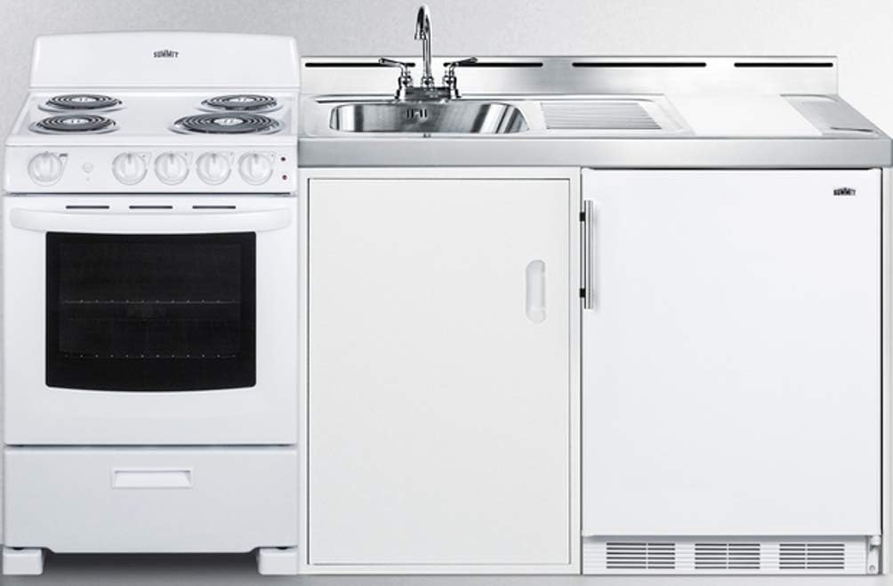 Summit Appliance ACK72COILW 72" Wide All-in-One Kitchenette with 220V 4-Element Electric Coil Range, Refrigerator-Freezer, Sink, Cutting Board and Cutlery Storage, and a Storage Cabinet