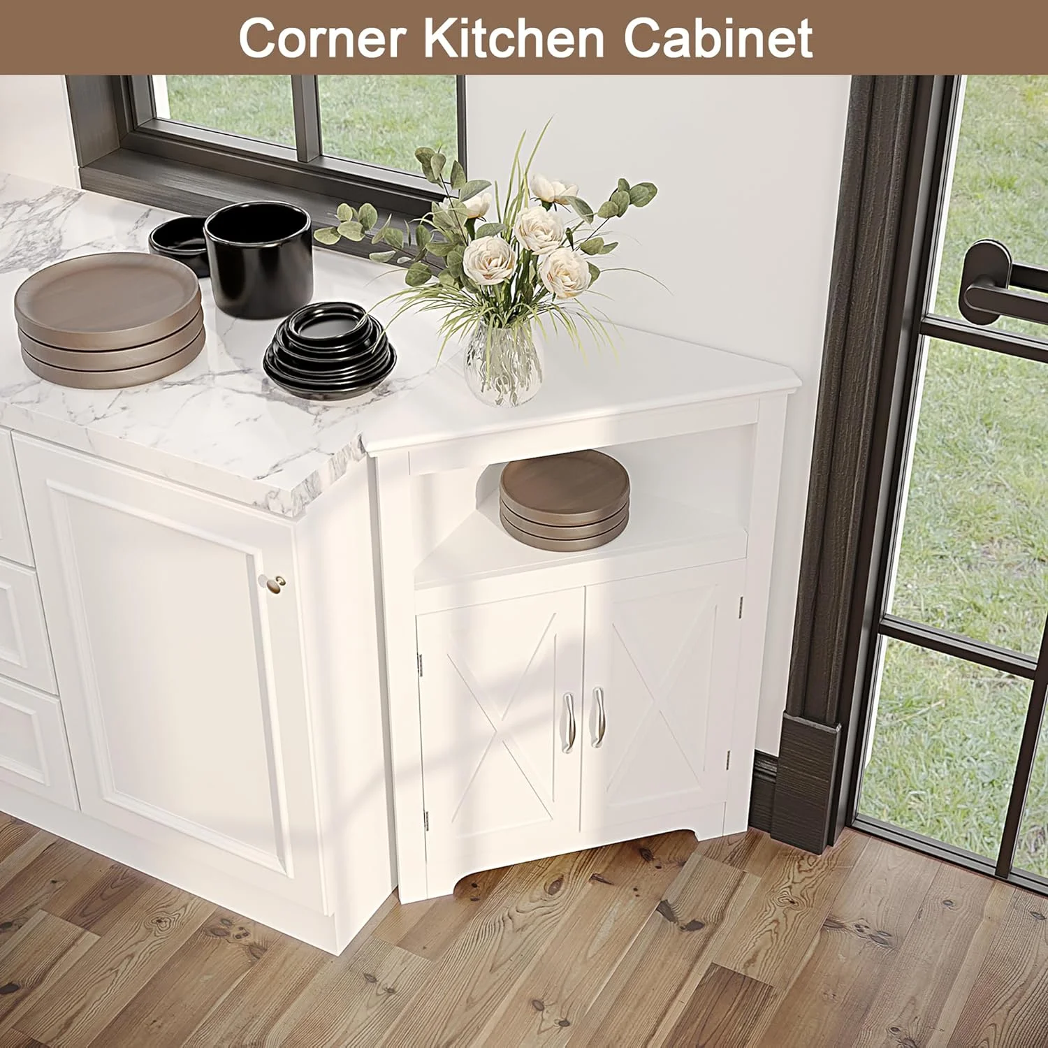 QCAI Corner Storage Cabinet, Small Corner Cabinet with Barn Door Design and Adjustable Shelf, Home Space Saver for Living Room, Bathroom, Kitchen, Bedroom, White