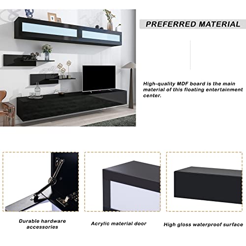 Wall Mount Floating TV Stand with Four Media Storage Cabinets and Two Shelves, Modern High Gloss Entertainment Center for 95+ Inch TV, 16-Color RGB LED Lights for Living Room, Bedroom, Black