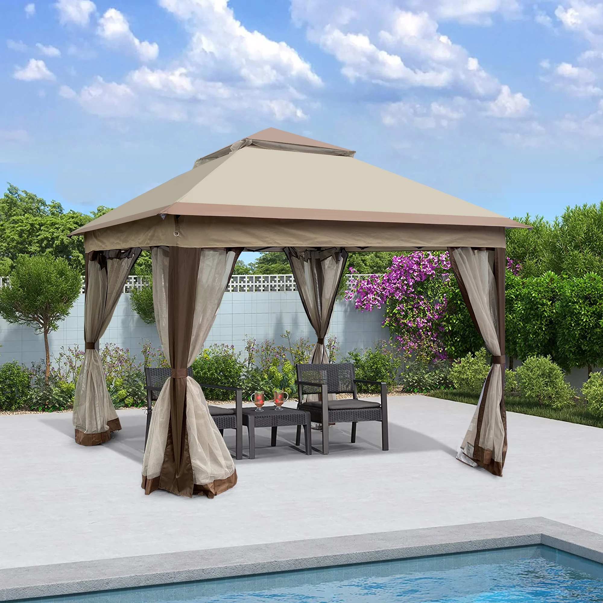 CoSoTower Outdoor 11X 11FT Pop Up Gazebo Canopy with Removable Zipper Netting, 2-Tier SoFT Top Event Tent, Suitable for Patio Backyard Garden Camping Area with 4 Sandbags, Coffee