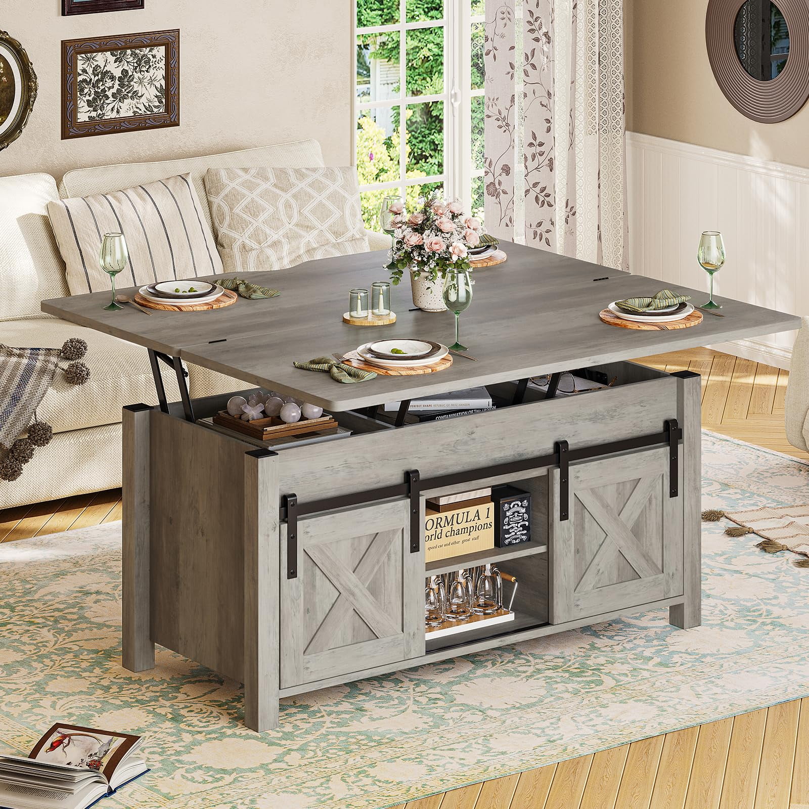 Lift Top Coffee Table with Storage,4 in 1 Multi-Function Convertible Coffee Tables with Hidden Storage Compartment, Farmhouse Dining Table for Living Room, Grey - Curated Treasures Market