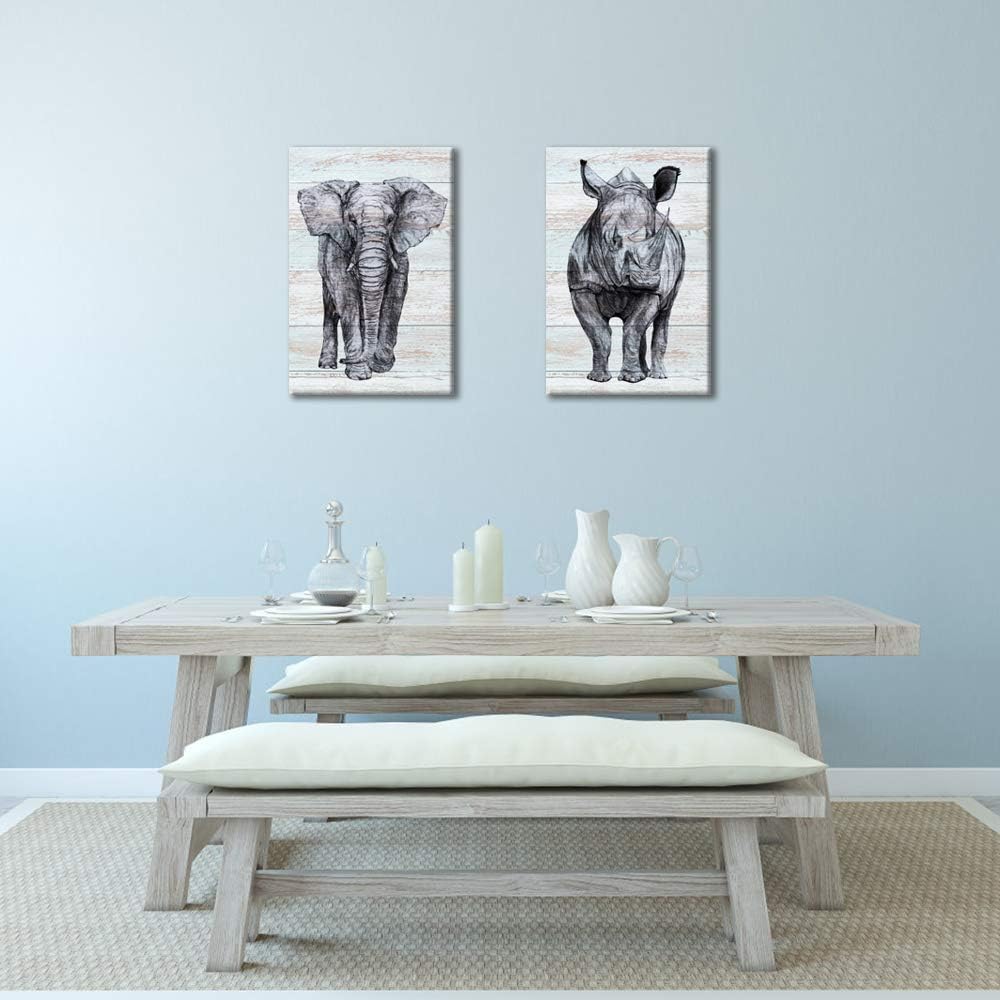 Artsbay 2 Pcs Animal Canvas Wall Art Decor Sketch of Rhino and Elephant Wildlife on Wooden Backdrop Pictures Painting Canvas Print Framed Modern Gallery Wrapped Home Decor for Home Living Room Bedroom