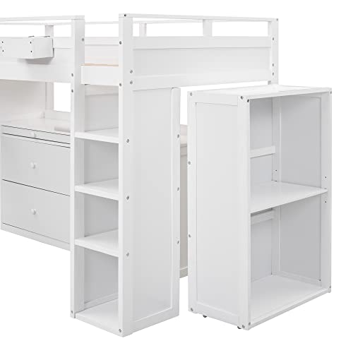 BIADNBZ Double Twin Size Loft Bed with Wardrobes and Storage Stair, Wooden High Loftbed Frame for 2, for Kids Teens Adults, White