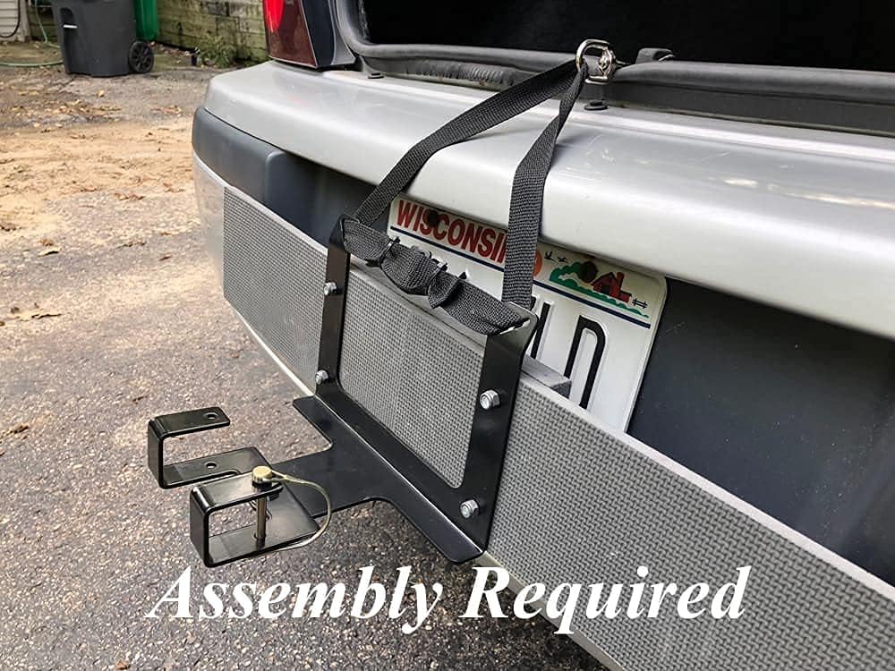 Garbage Commander Bumper Mounted Wheeled Trash/Recycle can Hauling Hitch. No Hitch Needed uses Vehicles Rear Latch for mounting.