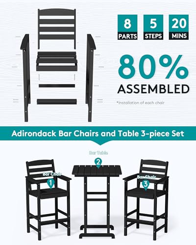 SERWALL 5 Pieces Adirondack Bar Chairs Set, HDPE Adirondack Barstools Chairs with Bar Pub Table, Outdoor Patio Bar Furniture Set for Bistro, Balcony, Poolside, Garden, Black