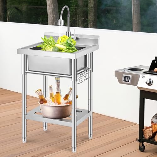 Commercial Stainless Steel Utility Sink with Faucet, Freestanding Laundry Sink with Adjustable Legs, Storage Shelf, Hooks, Backsplash, Hot & Cold Water for Kitchen, Garage, Outdoor, Farm