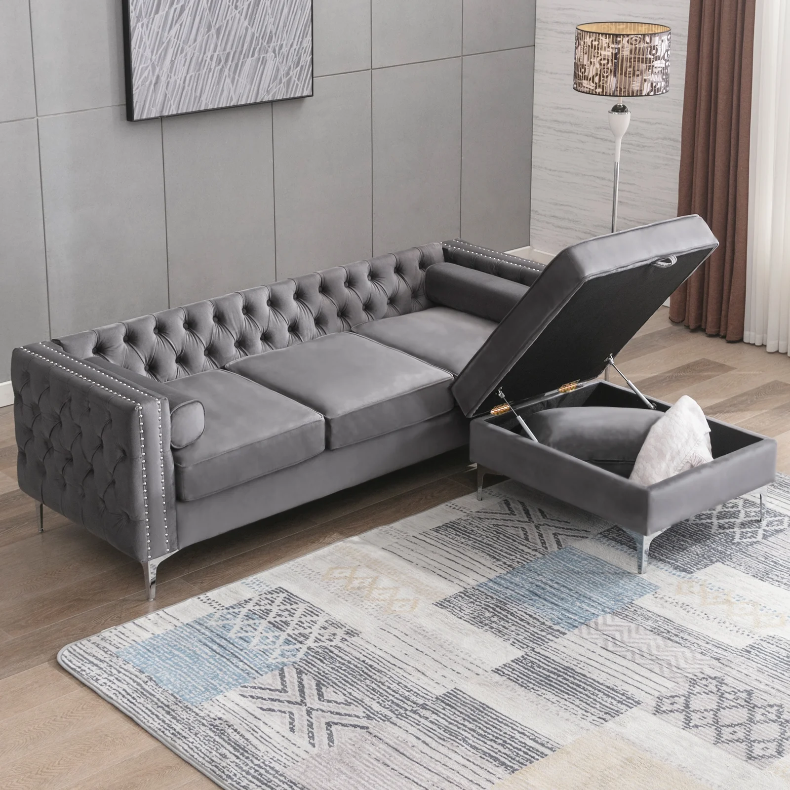 ijuicy Sectional Sofa with Storage Ottoman, L-Shaped Sofa with Velvet Upholstered and Back Cushions, 3-Seat Sectional Couch Button Tufted & Nailhead Trim Design, Living Room Furniture Set- Grey