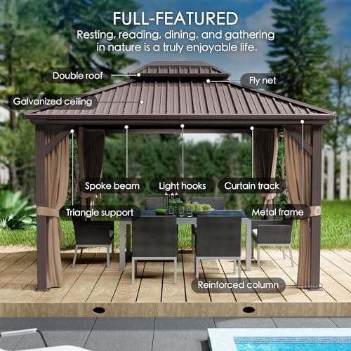 Kozyard Caesar 10'x10' Hardtop Gazebo - Permanent Metal Pavilion with Netting and Shaded Curtains for Patio, Backyard, and Deck - Galvanized Steel Outdoor Aluminum Canopy, Double Roof Gazebo (Grey)