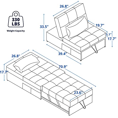 Cozy Castle Sleeper Chair, Convertible Chair Bed, 4 in 1 Ottoman Bed, Pull Out Sofa Bed, Linen Fabric Chaise Lounge, for Living Room/Small Apartment, Dark Grey