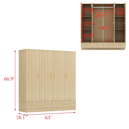 Homsee 82.7" H Modern Armoire Wardrobe Closet with 8 Doors and 2 Drawers, Clothing Storage Cabinet with 3-Tier Shelves and Hanging Rod for Bedroom, Light Brown Wood Grain