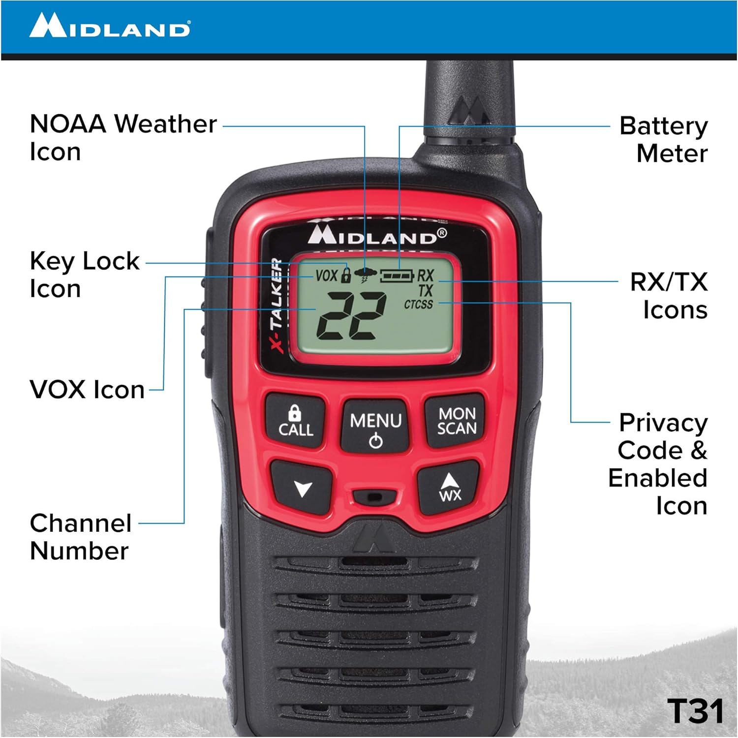 Midland T31VP 22 Channel FRS Walkie Talkie - Up to 26 Mile Range Two-Way Radio - Red/Black (Pack of 8)