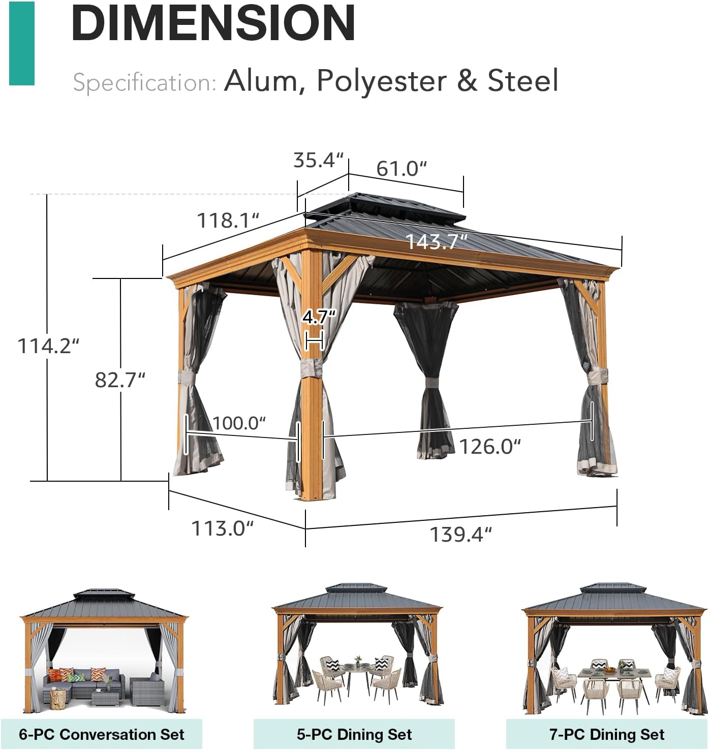 Patiorama 10’ x 12’ Hardtop Gazebo, Outdoor Wood Grain Frame Aluminum Gazebo with Galvanized Steel Double Vented Roof Canopy, W/Shaded Curtains and Netting, Pergola for Patio, Garden, Yard (Grey)