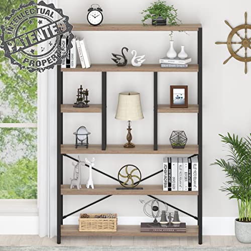 LVB Industrial Tall Bookshelf, Modern Wood Metal 6 Tier Book Shelf, Farmhouse Large 6 Shelf Etagere Bookcase, Open Wide Storage Bookshelves and Bookcases for Bedroom Living Room Office, Dark Gray Oak