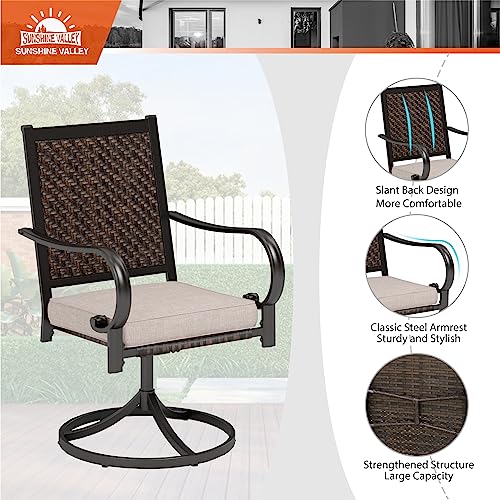 SUNSHINE VALLEY Wicker Patio Swivel Dining Chairs Set of 2, Outdoor Dining Chairs with All Weather Outside Rattan Chairs for Garden, Lawn, Backyard, Porch, Deck