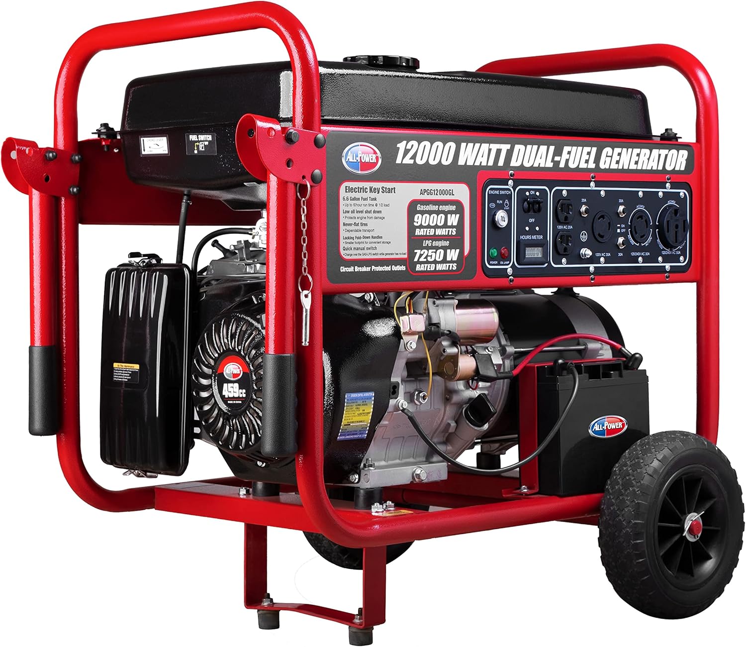 All Power America APGG12000GL 12000 Watt Dual Fuel Portable Generator with Electric Start 12000W Gas/Propane, 50A 120/240V AC Outlet, Black/Red