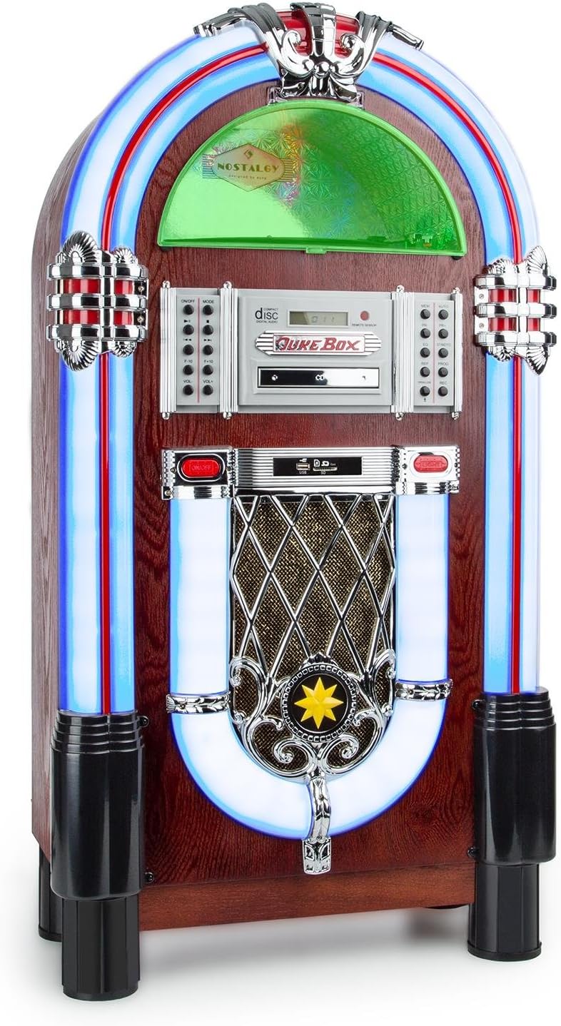 AUNA Graceland XXL BT Jukebox, Retro Music Box, Bluetooth, MP3 Enabled CD Player, USB Port, SD Card Slot, AUX Input, FM Radio, 2 Band Equalizer, LED Lighting, Purple