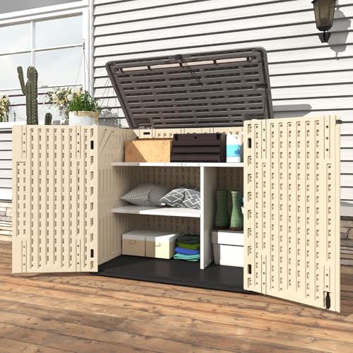 60 Cu.Ft Vertical Outdoor Storage Shed, All-Weather Resin Storage Cabinet Waterproof with Lockable Floor, Tall Backyard Shed for Patio Furniture, Garage, Garden, Pool Accessories, Porch (Khaki)