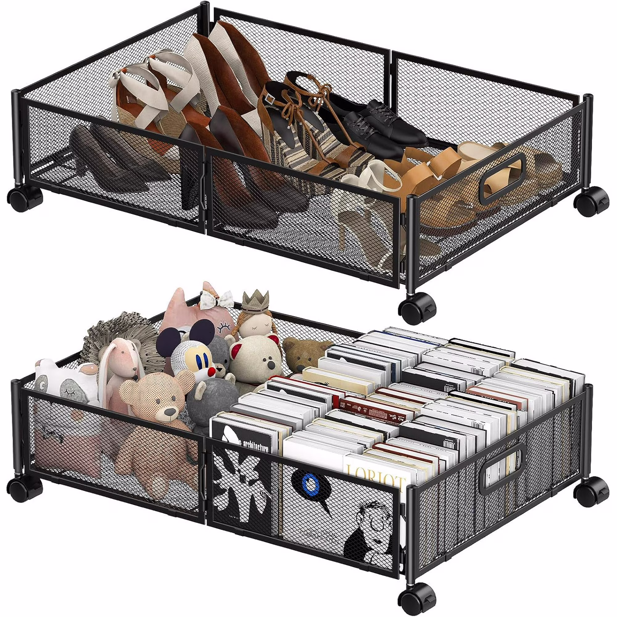 Under Bed Storage Containers,2 Pack Foldable Underbed Storage Containers with Handles and Wheels,Folding Bed Shoes Clothes Organizer,Easy Assembly Underbed Storage for Toy,Bedding,Bedroom(Black)