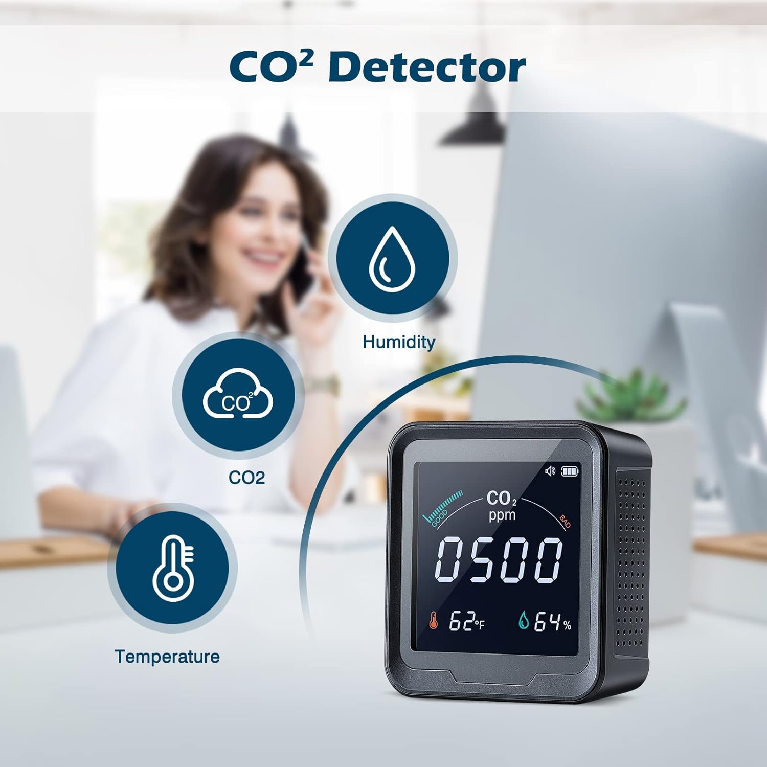 CO2 Detector, Aiment 3 in 1 Carbon Dioxide Detector Air Quality Monitor Temperature Humidity Air Analyzer for CO2 Digital CO2 Meter for Indoor Home Office