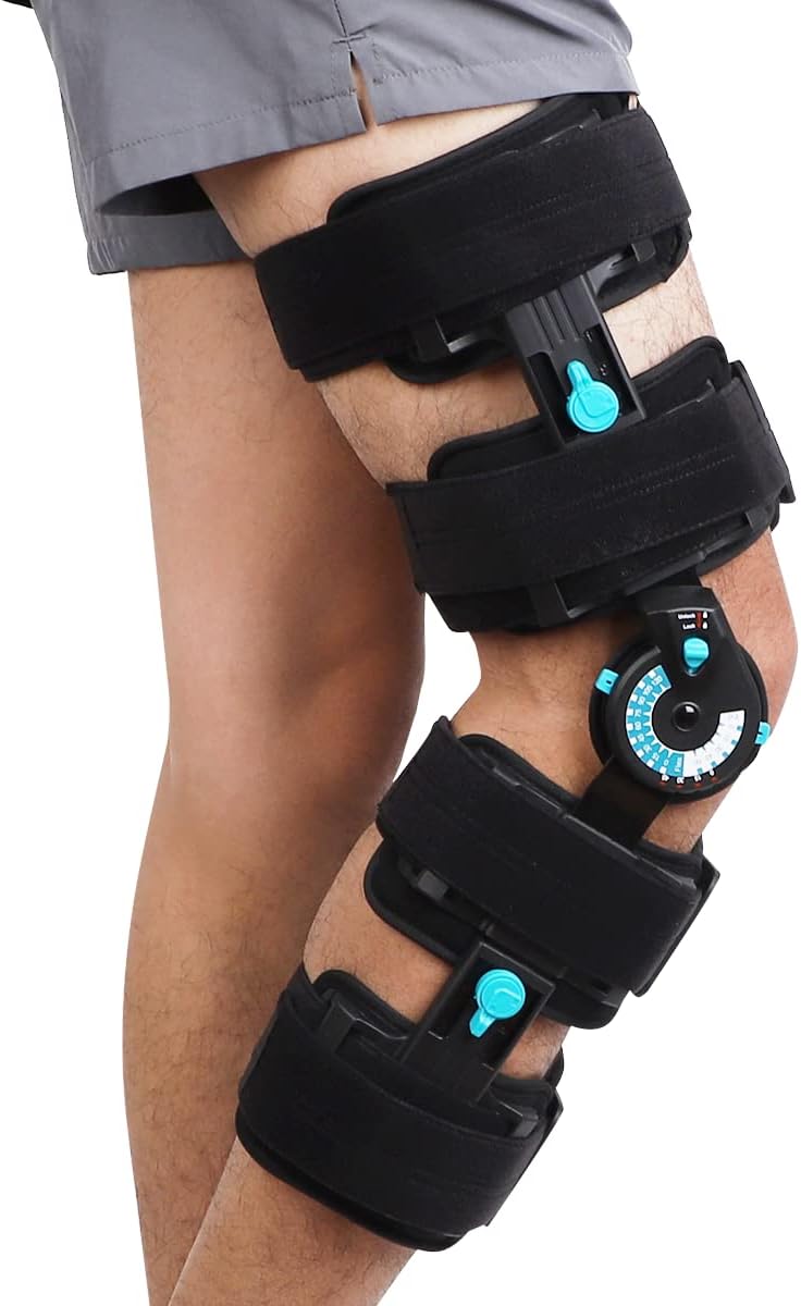 Orthomen Hinged Post Op Knee Brace, Adjustable ROM Leg Stabilizer Recovery Immobilization After Surgery - Medical Orthopedic Guard Protector Immobilizer Brace for Injury, Universal