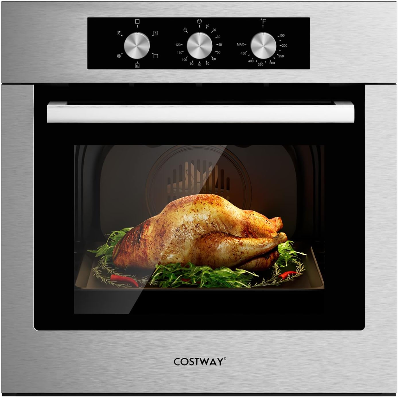 COSTWAY 24" Single Wall Oven, Electric Built-in Wall Oven with 2.47 Cu. Ft. Capacity, 5 Cooking Functions, 360° Rotisserie and Timer, 2300W Built-in Oven in Stainless Steel with Mechanical Knobs